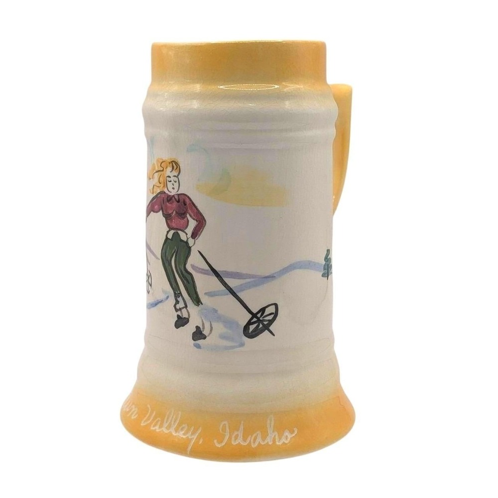 Vintage Sun Valley Idaho Skier Ceramic Beer Stein Souvenir Mug Hand Painted 6"